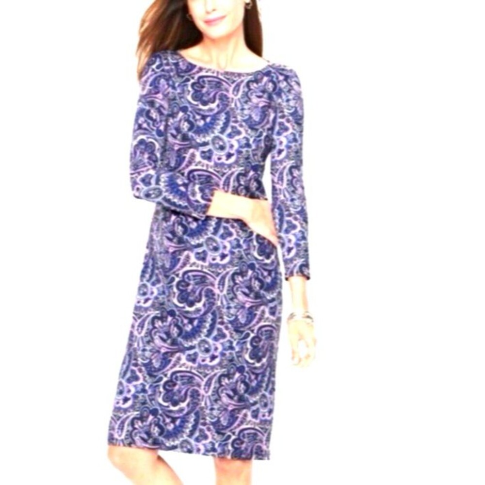 Talbots Jersey Shift Dress XS Blue Purple Paisley Print 3/4 Sleeve Stretch EUC